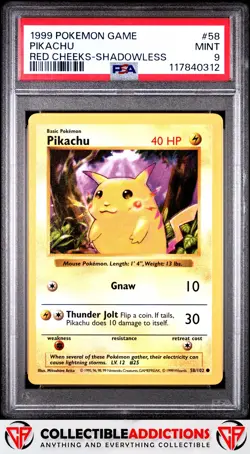 1999 Pokemon Game #58 Pikachu Red Cheeks Shadowless PSA 9 - Image 1