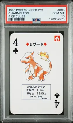 1996 POKEMON RED VERSION PLAYING CARDS 4 OF CLUBS #005 CHARMELEON PSA 10 - Image 1