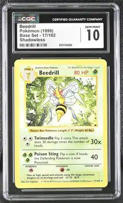 CGC 10 GEM MINT Beedrill 1999 Base Set 17/102 Shadowless Pokemon Card - Image 1