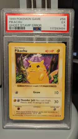 [Pokemon TCG] 1st Edition, Pikachu, #58 Base Set, Ghost Stamp Error, PSA 5 - Image 1