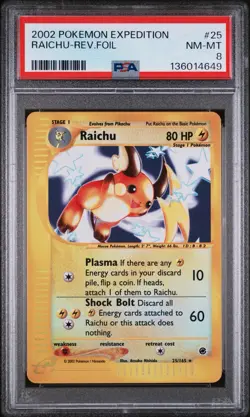 PSA 8 RAICHU 25/165 | Expedition Reverse Holo WOTC Graded Pokemon Card - Image 1