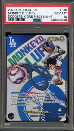 One Piece CCG Monkey.D.Luffy Dodgers X One Piece Night EB02-010 PSA 10 Gem Mint - Image 1
