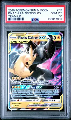 2019 POKEMON SUN & MOON TEAM UP #33 PIKACHU & ZEKROM GX PSA 10 - Image 1