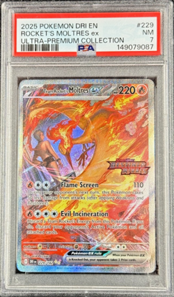 2025 POKEMON DRI ROCKET'S MOLTRES EX ULTRA-PREMIUM COLLECTION #229 STAMPED PSA 7 - Image 1