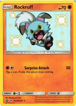 Pokemon TCG Rockruff SV23/SV94 Hidden Fates Sun & Moon Shiny Rare NM - Image 1
