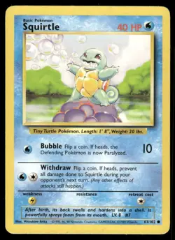Squirtle 1999 Base Set Unlimited WOTC Vintage Pokemon Card 63/102 (LP) - Image 1