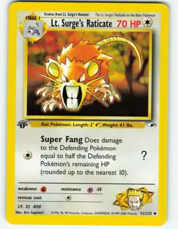Lt. Surge's Raticate - 1st Edition - 51/132 Gym Heroes - Pokemon TCG - 2000 - Image 1