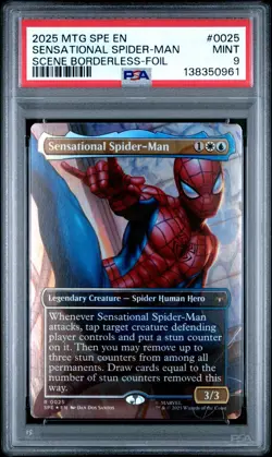 2025 MTG Marvel SENSATIONAL SPIDER-MAN PSA 9 MINT Borderless Scene Foil 0025 - Image 1