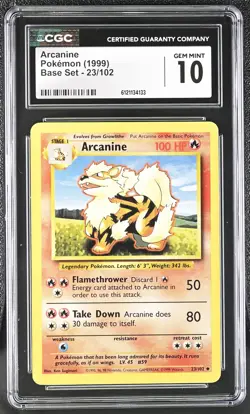 CGC 10 GEM MINT Arcanine 1999 Base Set 23/102 Pokemon Card - Image 1