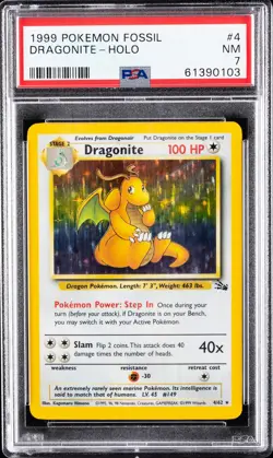 1999 POKEMON FOSSIL #4 DRAGONITE-HOLO PSA 7 - Image 1