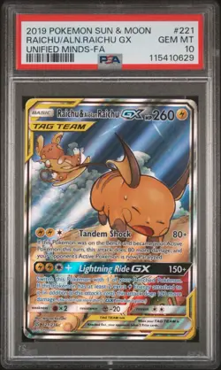 2019 TAG TEAM Pokemon RAICHU ALOLAN RAICHU GX 221/236 UNIFIED MINDS 🔥 PSA 10 🔥 - Image 1
