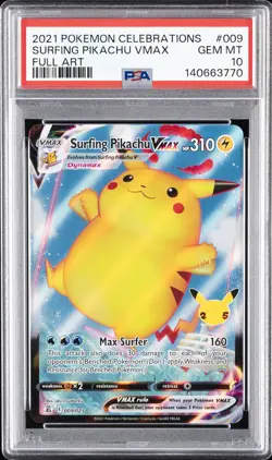 2021 POKEMON CELEBRATIONS #009 FULL ART/SURFING PIKACHU VMAX PSA 10 - Image 1