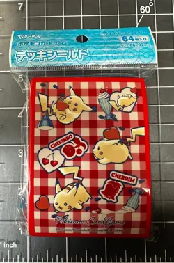 Pokemon Center Pikachu & Heart Plaid Deck Shield Card Sleeves 64ct Red - Image 1