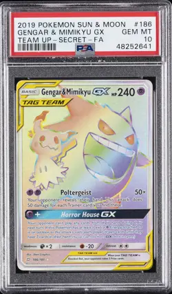 2019 POKEMON SUN & MOON TEAM UP SECRET #186 FULL ART/GENGAR & MIMIKYU GX PSA 10 - Image 1