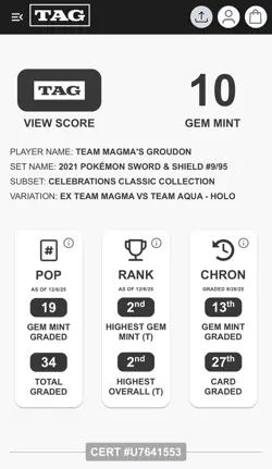 Team Magma's Groudon 2021 Pokemon Sword & Shield Celebrations #9/95 Holo Tag 10 - Image 2