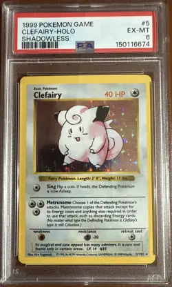 1999 Pokemon TCG Base Set Shadowless Clefairy Holo Rare Card 5/102 PSA 6 - Image 1