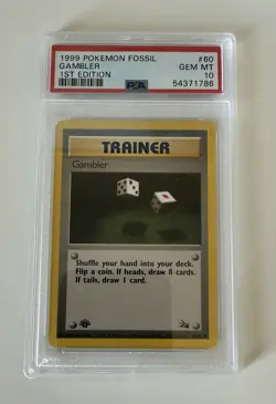 Pokemon Gambler Trainer Card Fossil 1st Edition PSA 10 60/62 Common Regular - Image 1