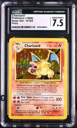 CGC 7.5 NM + Charizard 1999 Base Set 4/102 Holo Pokemon Card (Perfect Front) - Image 1