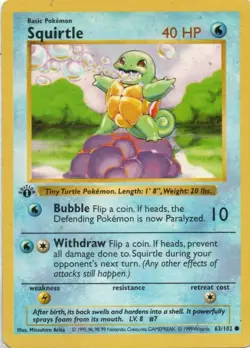 Pokemon: Base Set (Shadowless): 1st Edition Squirtle: MP Condition - Image 1