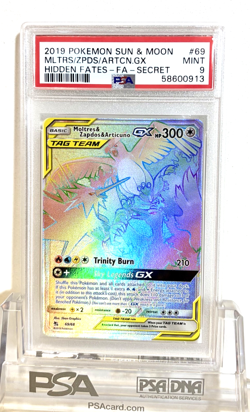 2019 POKEMON HIDDEN FATES SECRET FULL ART #69 MOLTRES ZAPDOS & ARTICUNO GX PSA 9 - Image 1