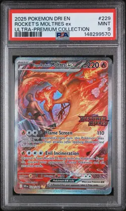 2025 POKEMON DRI EN-DESTINED RIVALS 229 TEAM ROCKET'S MOLTRES EX UPC PSA 9 - Image 1