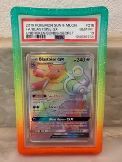 Pokemon 2019 Blastoise GX #218 Rainbow Unbroken Bonds PSA 10 - Image 1