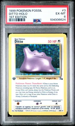 DITTO 3/62 PSA 6 1999 1ST EDITION FOSSIL POKEMON CARD HOLO ENGLISH - Image 1