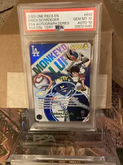 2025 One Piece Dodgers Monkey D. Luffy PSA 10 Auto 10 Erica Schroeder Signed - Image 1