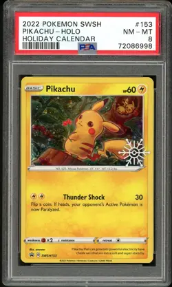 PSA 8 NM-MINT Pikachu SWSH153 Holiday Calendar Pokemon Card - Image 1