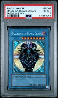 2007 YU-GI-OH! PREMIUM PACK EN001 MAGICIAN OF BLACK CHAOS PSA 8 - Image 1