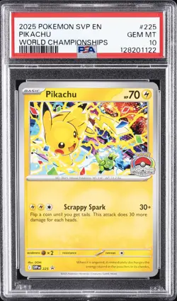 2025 POKEMON SVP EN-SV BLACK STAR PROMO WORLD CHAMPIONSHIPS #225 PIKACHU PSA 10 - Image 1