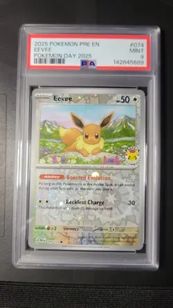2025 POKEMON PRE EN-PRISMATIC EVOLUTIONS POKEMON DAY 2025 #074 EEVEE PSA 9 - Image 1
