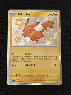 Pokemon TCG Pikachu 131/091 Scarlet & Violet Paldean Fates Shiny Rare Card - Image 1