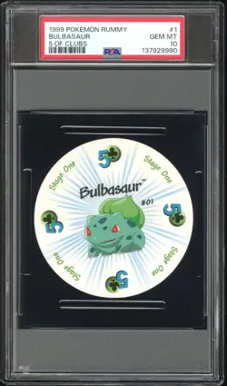 1999 POKEMON RUMMY 1 BULBASAUR 5 OF CLUBS PSA 10 - Image 1
