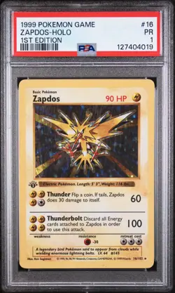 PSA 1 1ST EDITION 1999 Base Set Shadowless Zapdos 16/102 Holo Foil Pokemon - Image 1