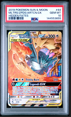 2019 POKEMON SUN & MOON HIDDEN FATES #44 MOLTRES & ZAPDOS & ARTICUNO GX PSA 10 - Image 1