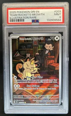 2025 Pokemon Destined Rivals Team Rocket's Meowth #203/182 PSA 9 - Image 1