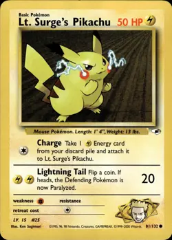 Pokemon TCG Card WOTC Vintage Wizards Lt. Surge's Pikachu 081/132 Gym Heroes 08 - Image 1