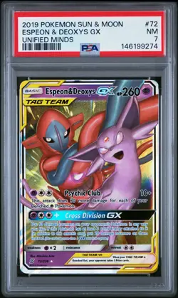 2019 POKEMON SUN & MOON UNIFIED MINDS #72 ESPEON & DEOXYS GX PSA 7 - Image 1