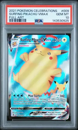 2021 POKEMON CELEBRATIONS #009 FULL ART/SURFING PIKACHU VMAX PSA 10 - Image 1