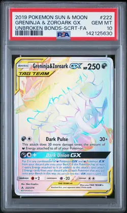 2019 POKEMON SUN & MOON UNBROKEN BONDS FULL ART/GRENINJA & ZOROARK GX PSA 10 - Image 1