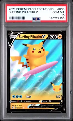 2021 POKEMON CELEBRATIONS #008 SURFING PIKACHU V PSA 10 - Image 1