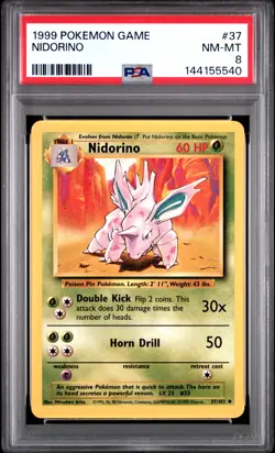 1999 POKEMON BASE SET UNLIMITED #37 NIDORINO PSA 8 - Image 1