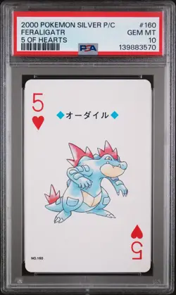 2000 POKEMON SILVER VERSION PLAYING CARDS 5 OF HEARTS #160 FERALIGATR PSA 10 - Image 1