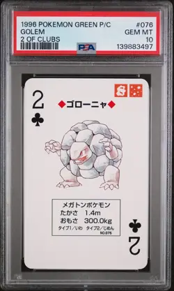 1996 POKEMON GREEN VERSION PLAYING CARDS 2 OF CLUBS #076 GOLEM PSA 10 - Image 1