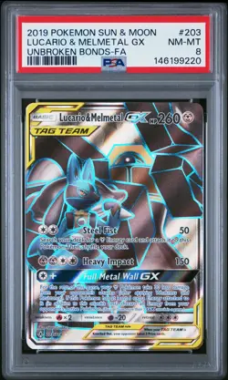 2019 POKEMON SUN & MOON UNBROKEN BONDS #203 FULL ART/LUCARIO & MELMETAL GX PSA 8 - Image 1