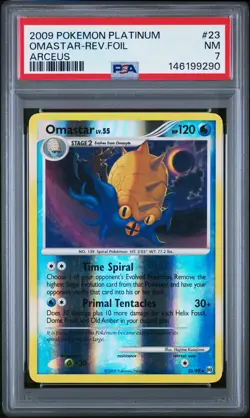 2009 POKEMON PLATINUM ARCEUS #23 OMASTAR-REVERSE FOIL PSA 7 - Image 1