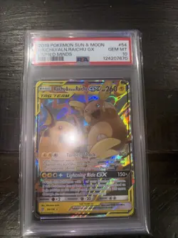 PSA 10 Gem Mint 2019 Pokemon Raichu & Alolan Raichu GX 54/236 Unified Minds - Image 1