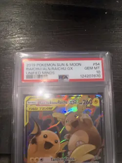 PSA 10 Gem Mint 2019 Pokemon Raichu & Alolan Raichu GX 54/236 Unified Minds - Image 2