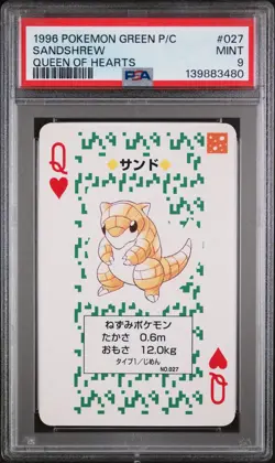 1996 POKEMON GREEN VERSION PLAYING CARDS QUEEN OF HEARTS #027 SANDSHREW PSA 9 - Image 1